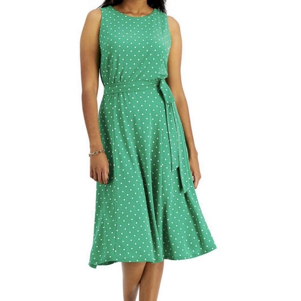 Kasper Women's  Sleeveless Green Pink Polka Dot Belted Dress Size 8